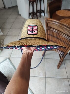 Celebrate The 4th Straw Sun Hat  Nautical Anchor Patch - Red, White & Blue Trim